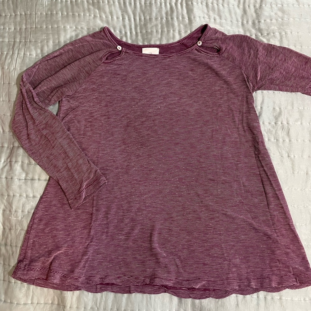 Anthropologie T.La L/S Shirt Maroon/White Striped Button Embellished Collar Sm